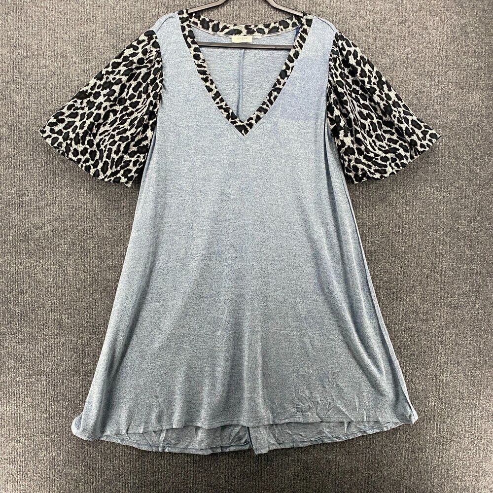 UMGEE Shift Dress Womens Small Blue Soft V-Neck Leopard Puff Sleeve Flowy Casual
